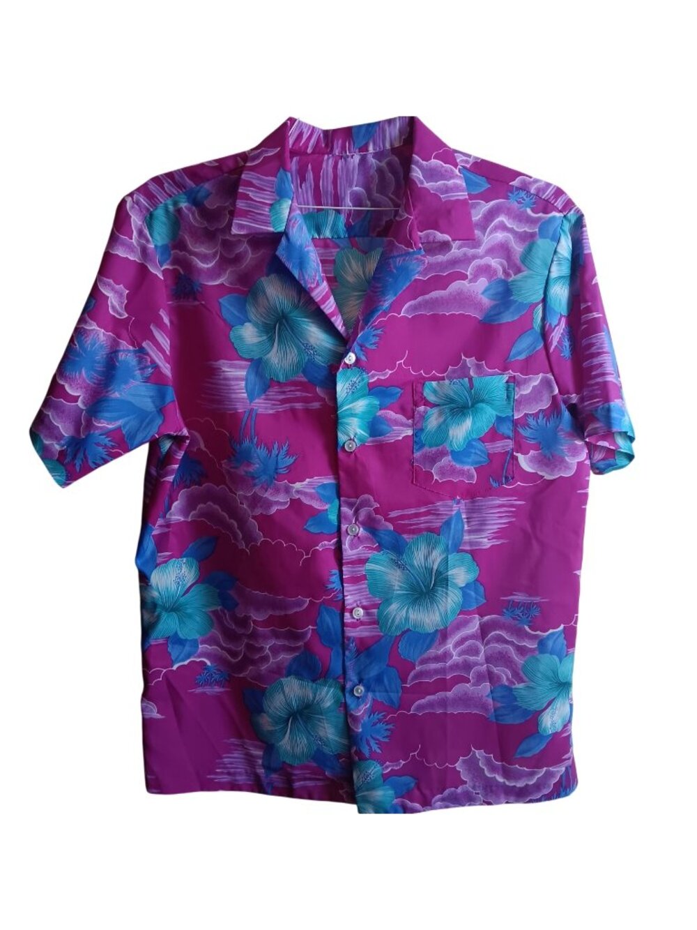 Vintage Large Hawaiian Hawaiian Hibiscus Shirt Floral Button-Up Purple Pink 80s